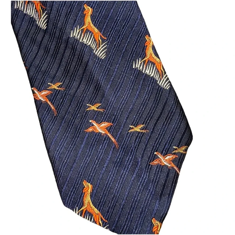 Vintage 70's Bird Hunting Dogs‎ Print Resilio Neck Tie Navy Embroidered Kucharos